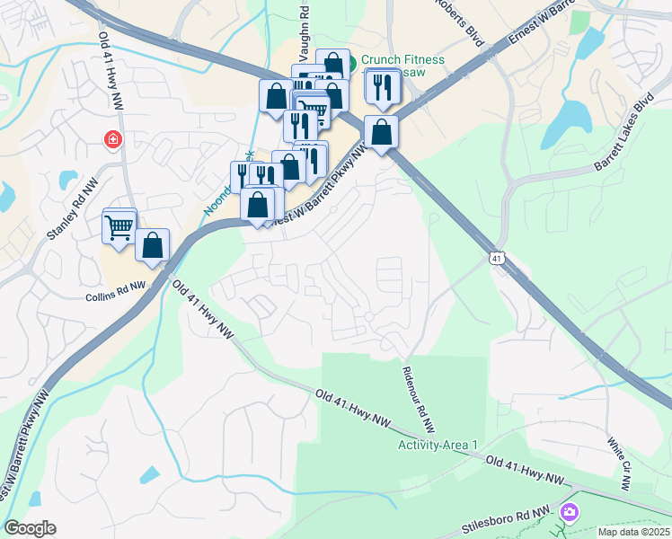 map of restaurants, bars, coffee shops, grocery stores, and more near 1651 Ridenour Parkway Northwest in Kennesaw