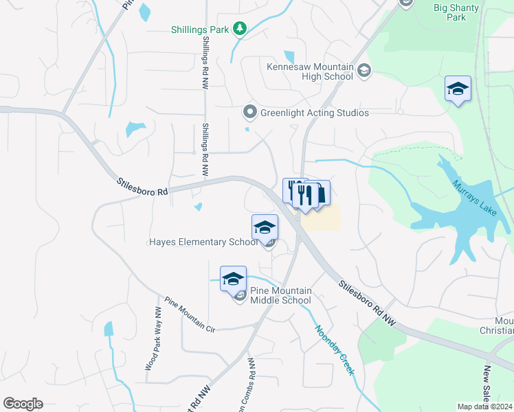map of restaurants, bars, coffee shops, grocery stores, and more near 1528 Arbor Green Court Northwest in Kennesaw