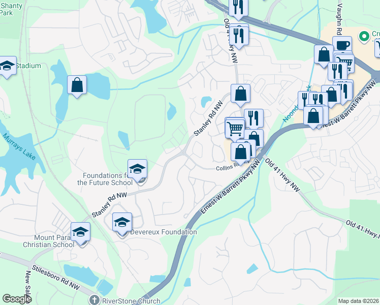 map of restaurants, bars, coffee shops, grocery stores, and more near 1804 Heights Circle in Kennesaw