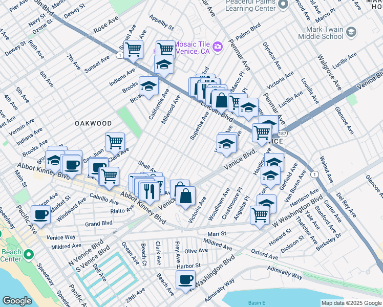 map of restaurants, bars, coffee shops, grocery stores, and more near 755 Marco Place in Los Angeles