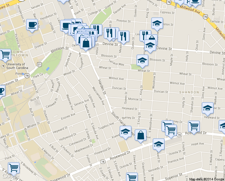 map of restaurants, bars, coffee shops, grocery stores, and more near 2400 Duncan Street in Columbia