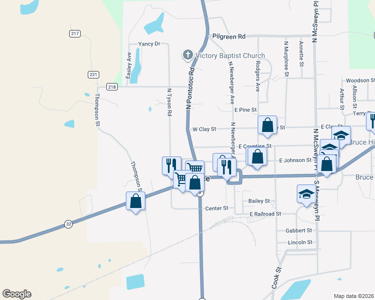 map of restaurants, bars, coffee shops, grocery stores, and more near 117 North Pontotoc Road in Bruce