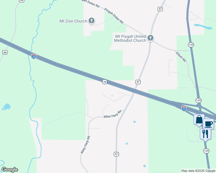map of restaurants, bars, coffee shops, grocery stores, and more near Interstate 22 in Guin