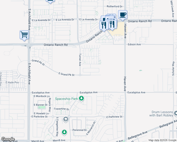 map of restaurants, bars, coffee shops, grocery stores, and more near 3171 East Denali Drive in Ontario