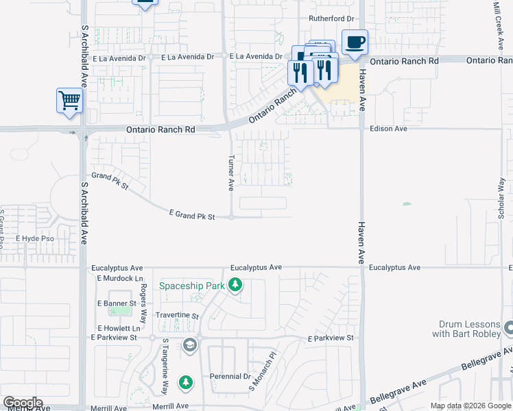 map of restaurants, bars, coffee shops, grocery stores, and more near 3171 East Denali Drive in Ontario