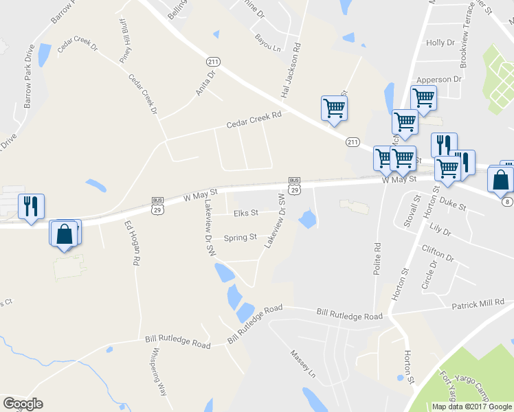 map of restaurants, bars, coffee shops, grocery stores, and more near 259 Elks Street in Winder