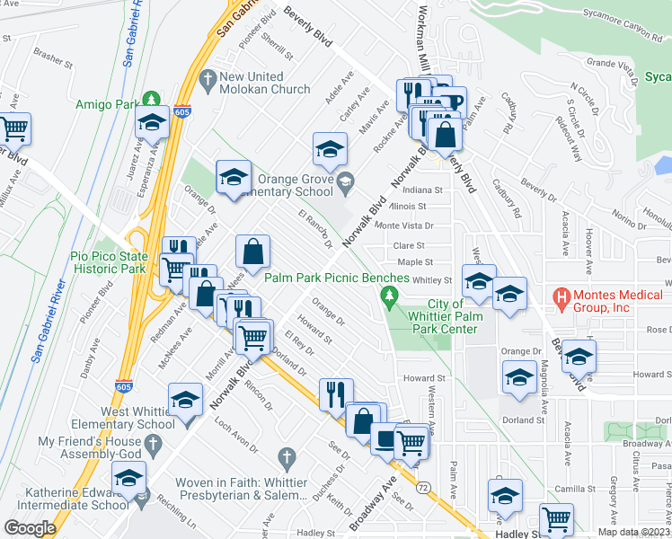 map of restaurants, bars, coffee shops, grocery stores, and more near 10808 Floral Drive in Whittier