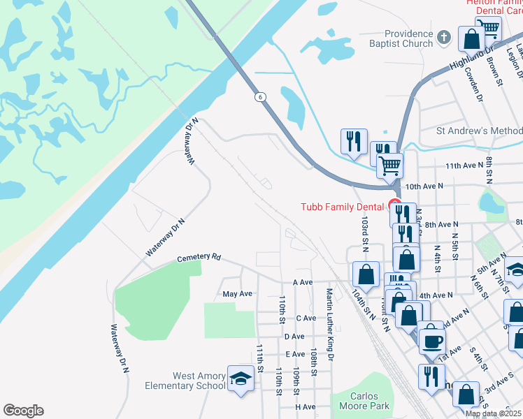 map of restaurants, bars, coffee shops, grocery stores, and more near 511 110th Street North in Amory