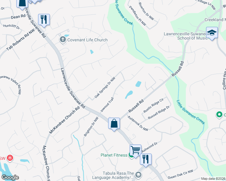 map of restaurants, bars, coffee shops, grocery stores, and more near 471 Inwood Trail in Lawrenceville