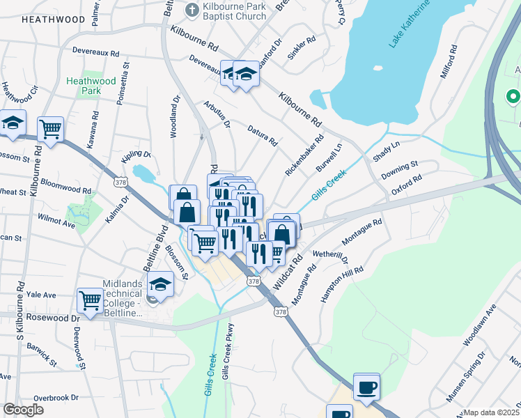 map of restaurants, bars, coffee shops, grocery stores, and more near 702 Cross Hill Road in Columbia
