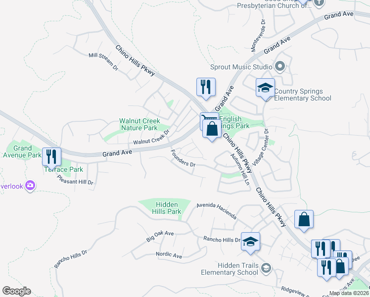 map of restaurants, bars, coffee shops, grocery stores, and more near 2034 Bluff Road in Chino Hills
