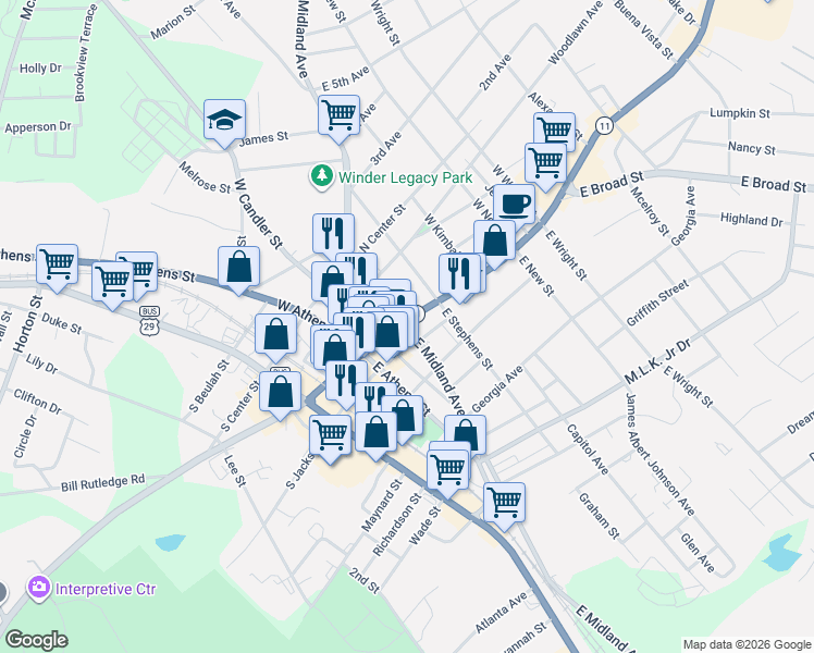 map of restaurants, bars, coffee shops, grocery stores, and more near in Winder