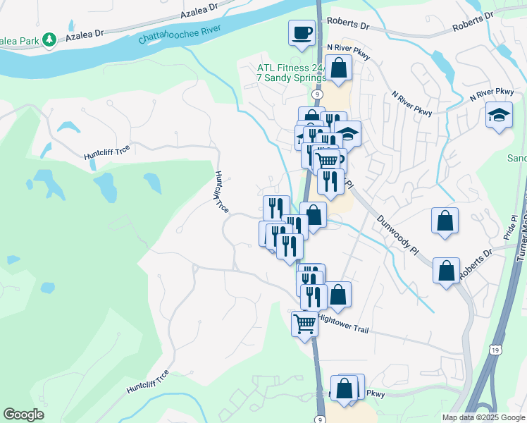 map of restaurants, bars, coffee shops, grocery stores, and more near 1052 Huntcliff Northeast in Atlanta