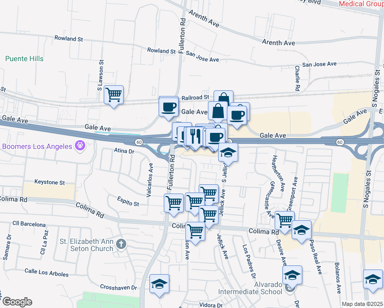 map of restaurants, bars, coffee shops, grocery stores, and more near 18405 Santar Street in Rowland Heights