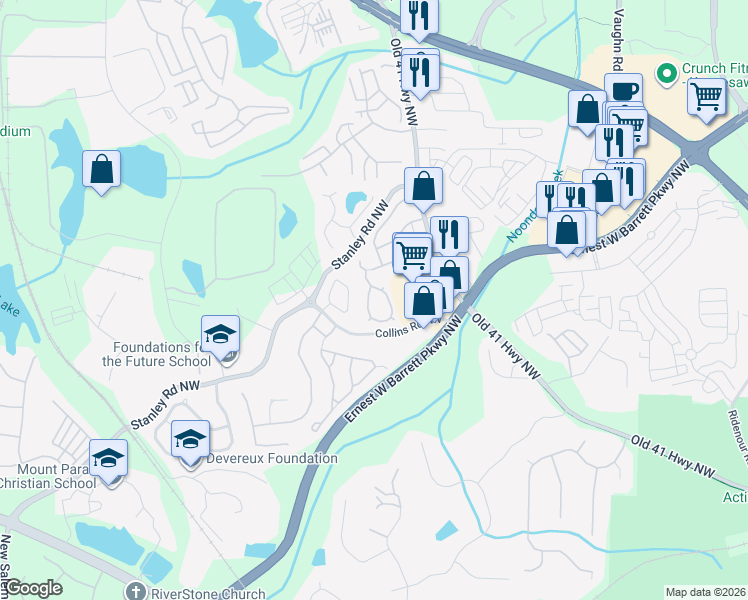 map of restaurants, bars, coffee shops, grocery stores, and more near 1691 Woodsford Road in Kennesaw