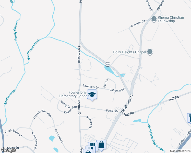 map of restaurants, bars, coffee shops, grocery stores, and more near 166 Massey Lane in Athens