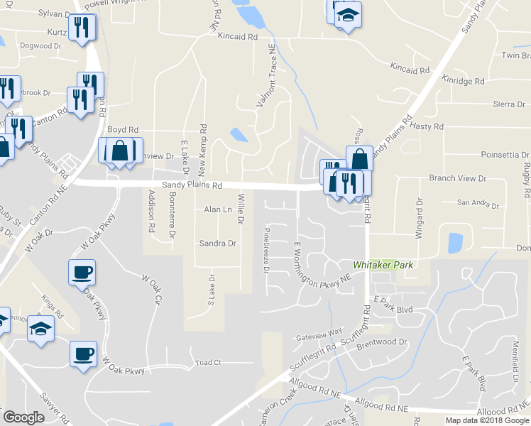 map of restaurants, bars, coffee shops, grocery stores, and more near 1724 Chanson Place Northeast in Marietta