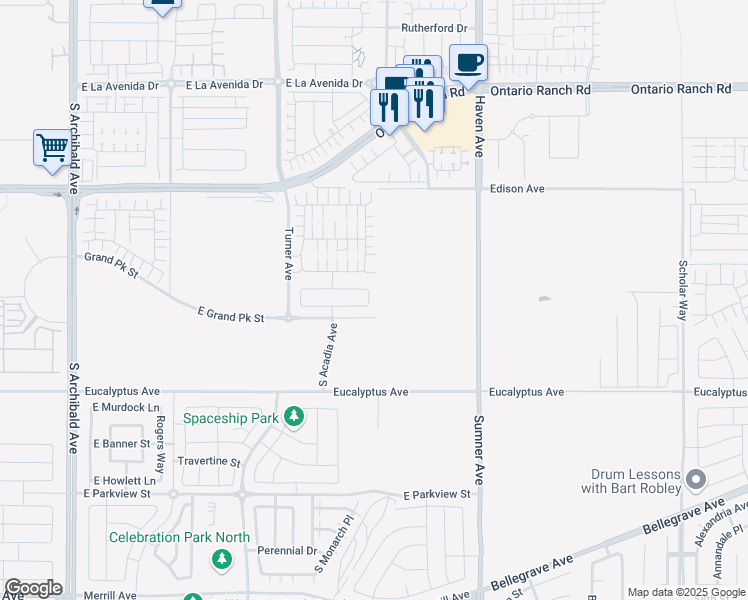 map of restaurants, bars, coffee shops, grocery stores, and more near 4425 South Zion Trail in Ontario