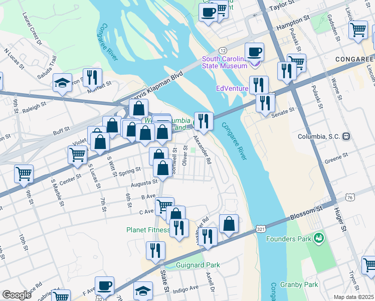 map of restaurants, bars, coffee shops, grocery stores, and more near 213 Oliver Street in West Columbia