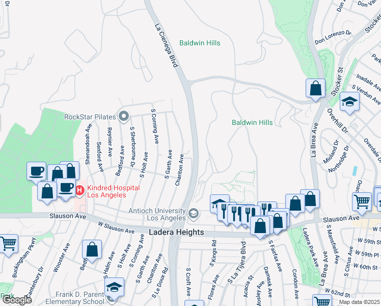 map of restaurants, bars, coffee shops, grocery stores, and more near 5338 Chariton Avenue in Ladera Heights