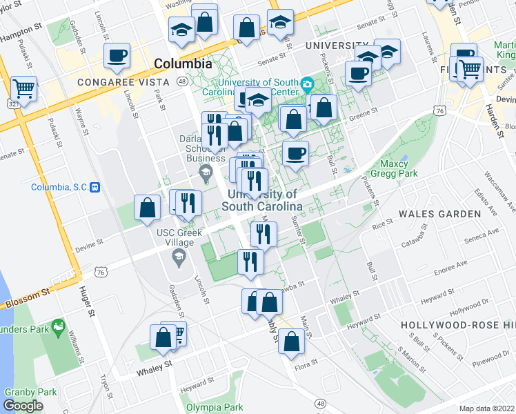 map of restaurants, bars, coffee shops, grocery stores, and more near 541 Main Street in Columbia