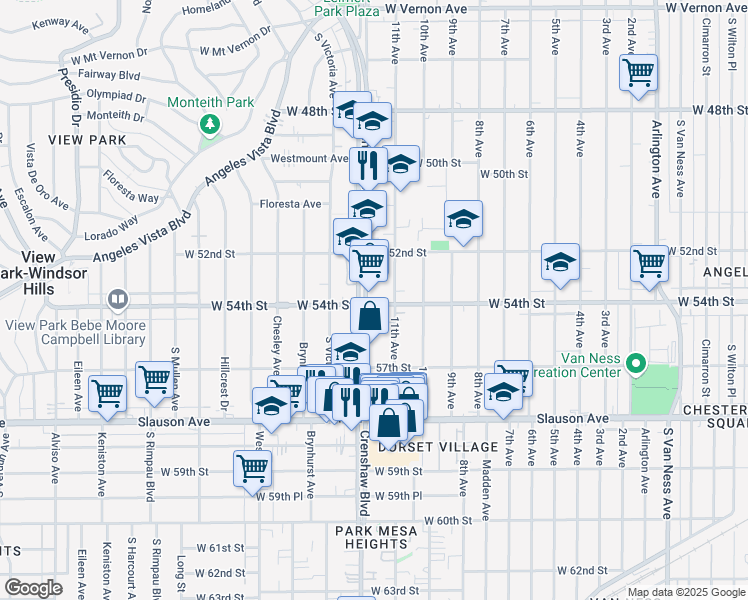 map of restaurants, bars, coffee shops, grocery stores, and more near 5400 Crenshaw Boulevard in Los Angeles