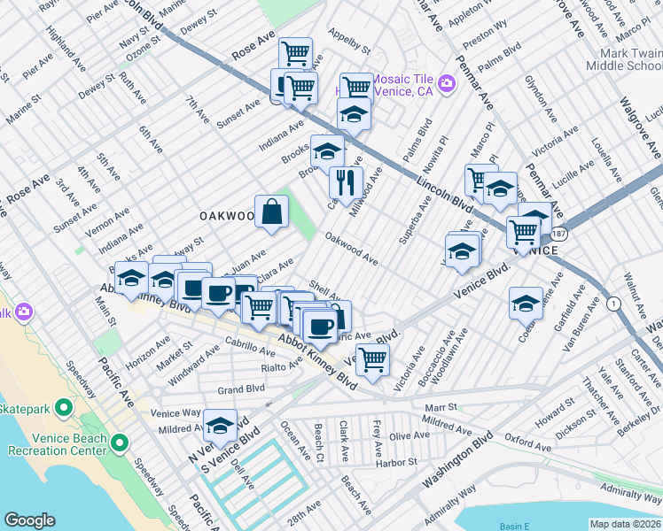 map of restaurants, bars, coffee shops, grocery stores, and more near 734 Milwood Avenue in Los Angeles
