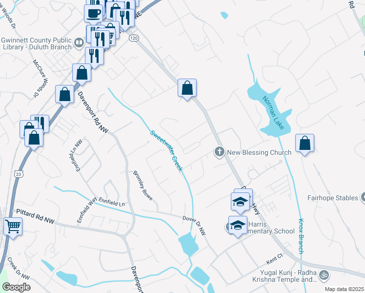 map of restaurants, bars, coffee shops, grocery stores, and more near 327 Wyesham Circle in Duluth
