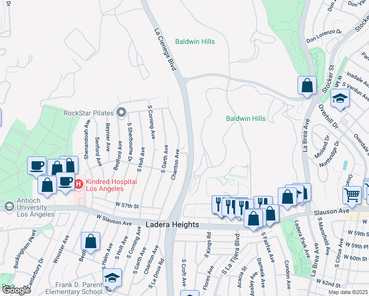 map of restaurants, bars, coffee shops, grocery stores, and more near 5338 Chariton Avenue in Ladera Heights