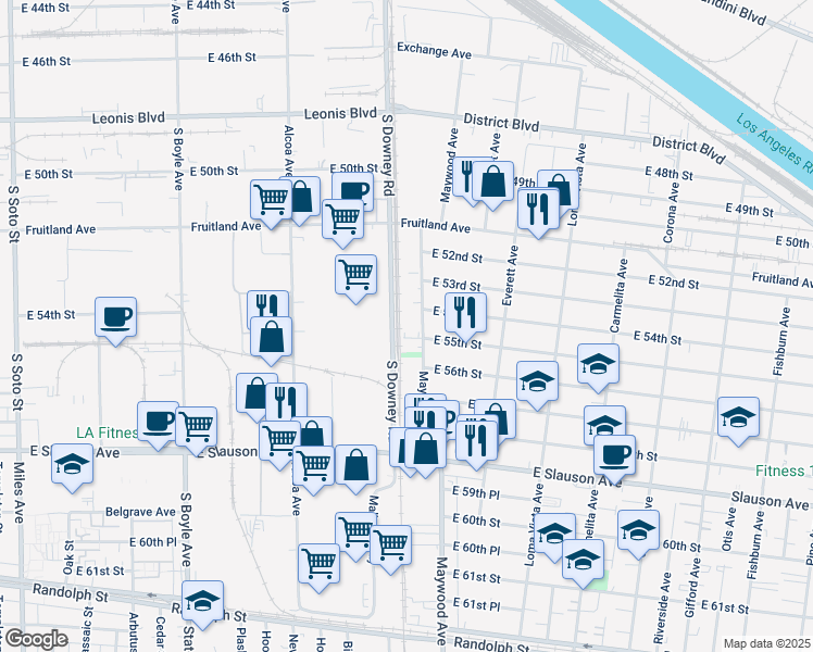 map of restaurants, bars, coffee shops, grocery stores, and more near 5415 Maywood Avenue in Maywood
