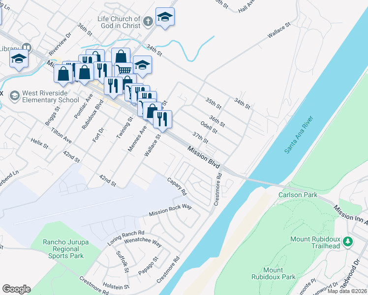 map of restaurants, bars, coffee shops, grocery stores, and more near 5330 Mission Blvd in Riverside
