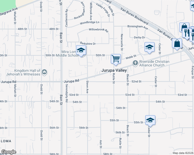 map of restaurants, bars, coffee shops, grocery stores, and more near 9904 Jurupa Road in Riverside