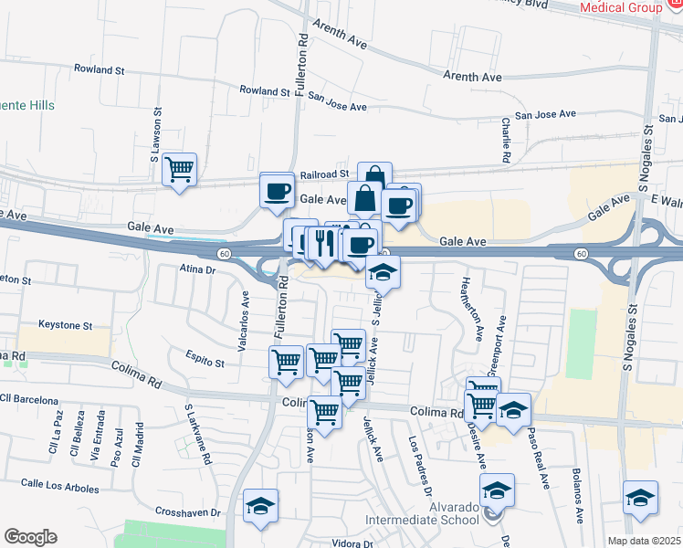 map of restaurants, bars, coffee shops, grocery stores, and more near 18405 Santar Street in Rowland Heights