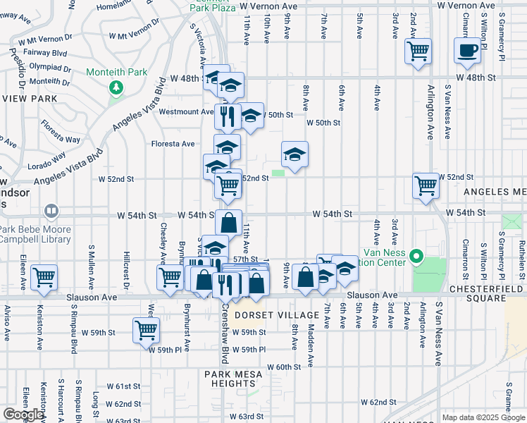 map of restaurants, bars, coffee shops, grocery stores, and more near 3203 West 54th Street in Los Angeles