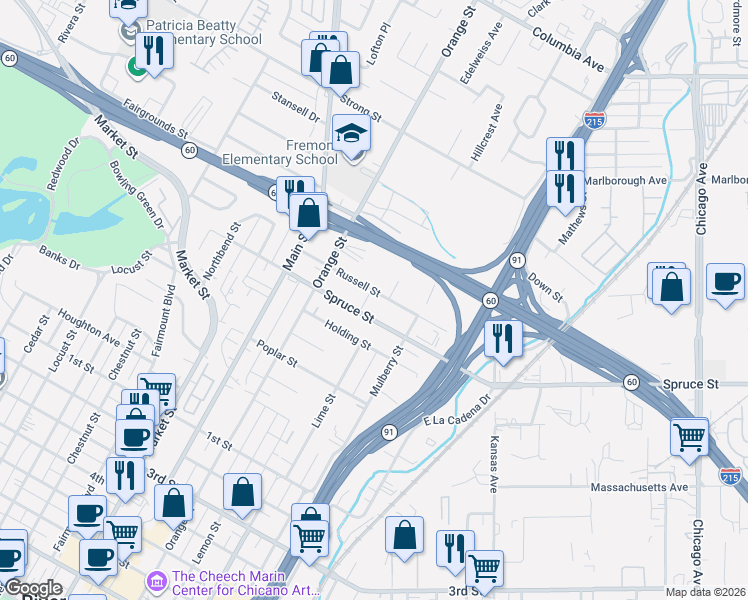 map of restaurants, bars, coffee shops, grocery stores, and more near 3455 Spruce Street in Riverside