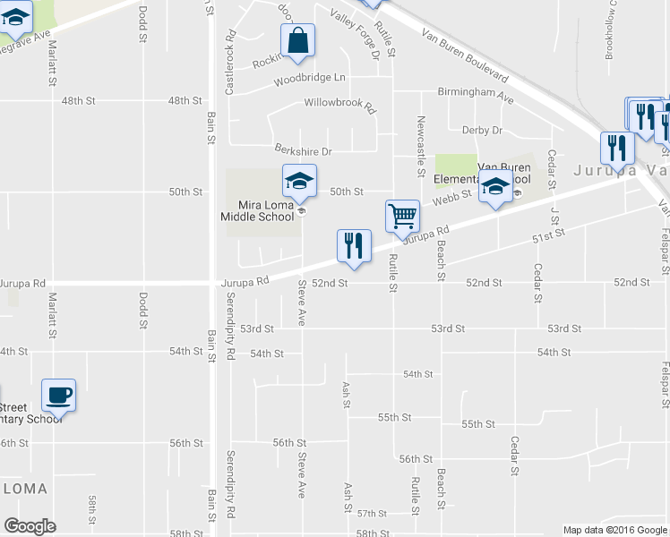 map of restaurants, bars, coffee shops, grocery stores, and more near 9904 Jurupa Road in Riverside