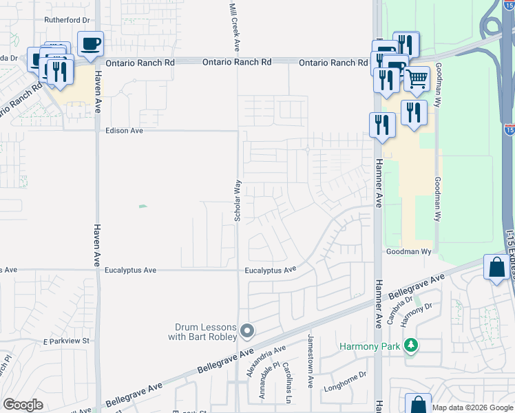 map of restaurants, bars, coffee shops, grocery stores, and more near 14101-14499 Cleveland Ave in Ontario
