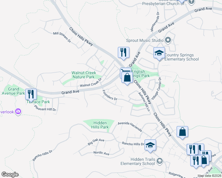 map of restaurants, bars, coffee shops, grocery stores, and more near 2034 Bluff Road in Chino Hills
