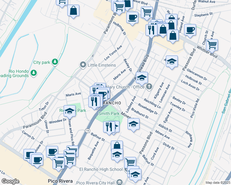 map of restaurants, bars, coffee shops, grocery stores, and more near 5807 Rosemead Boulevard in Pico Rivera