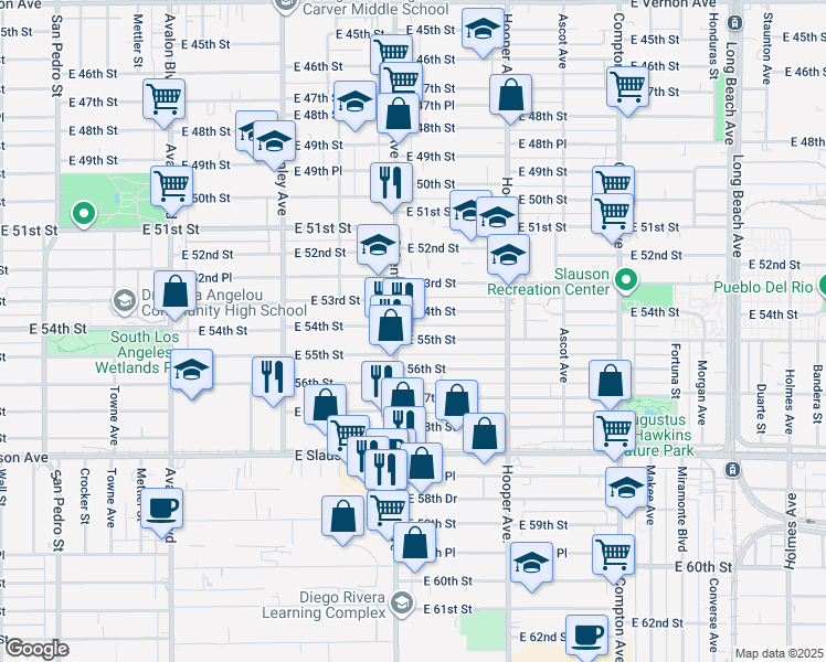 map of restaurants, bars, coffee shops, grocery stores, and more near 1126 East 55th Street in Los Angeles