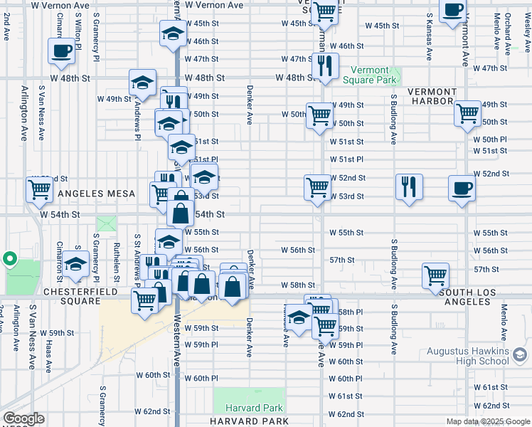 map of restaurants, bars, coffee shops, grocery stores, and more near 1532 West 54th Street in Los Angeles