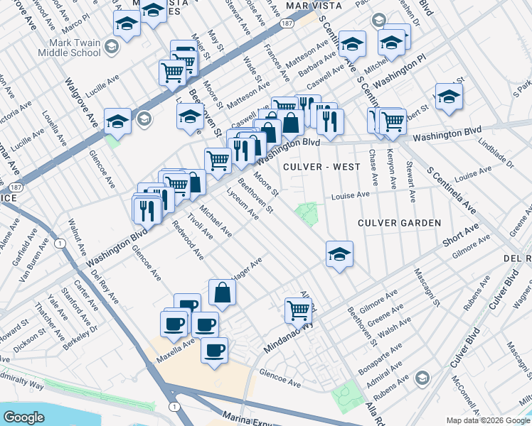 map of restaurants, bars, coffee shops, grocery stores, and more near 4109 Lyceum Avenue in Los Angeles