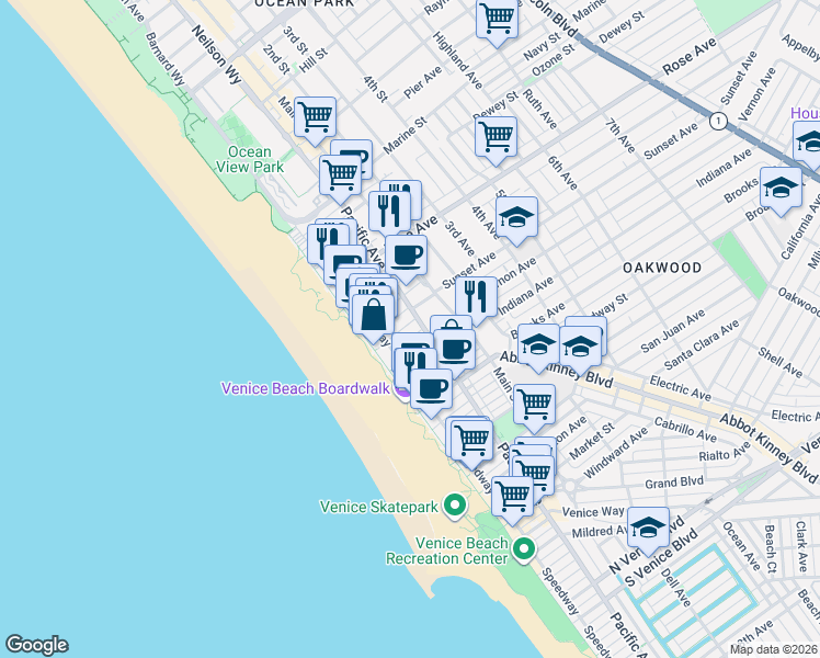map of restaurants, bars, coffee shops, grocery stores, and more near 34 Sunset Avenue in Los Angeles