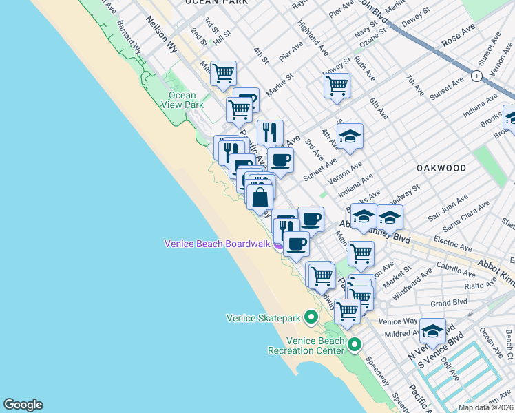 map of restaurants, bars, coffee shops, grocery stores, and more near 517 Ocean Front Walk in Los Angeles