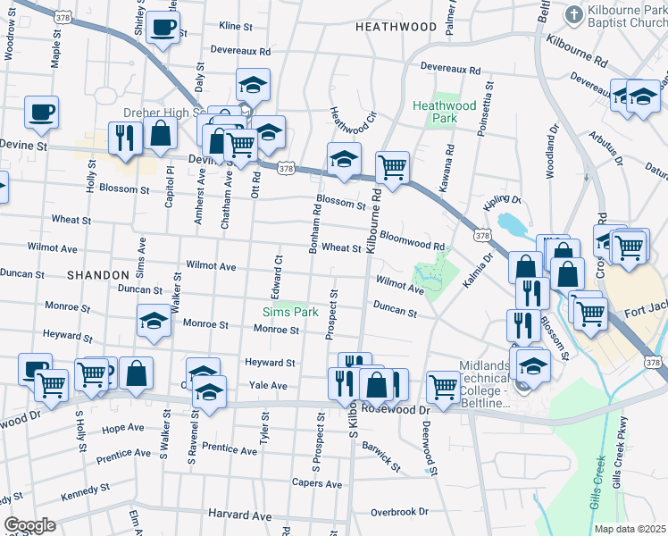 map of restaurants, bars, coffee shops, grocery stores, and more near 3621 S-40-157 in Columbia