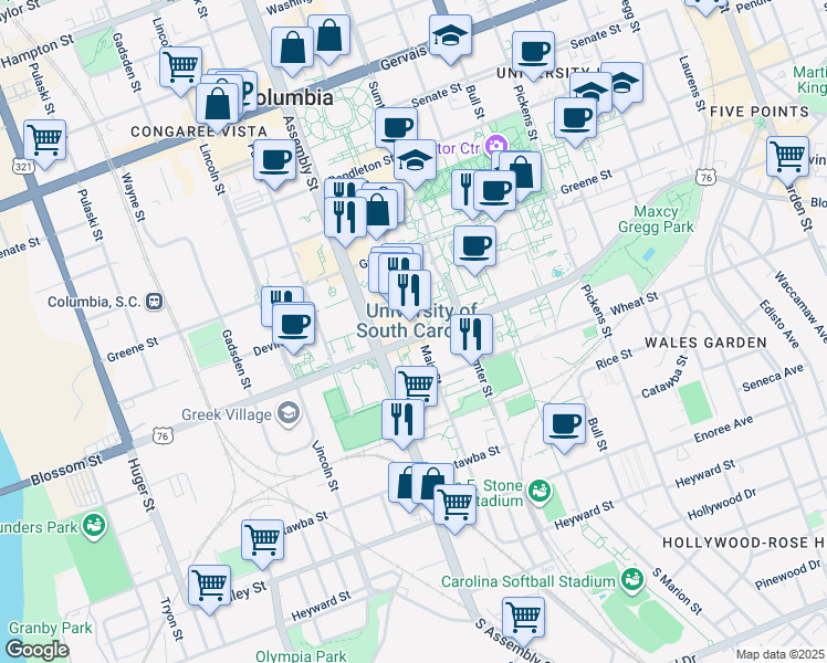 map of restaurants, bars, coffee shops, grocery stores, and more near 541 Main Street in Columbia