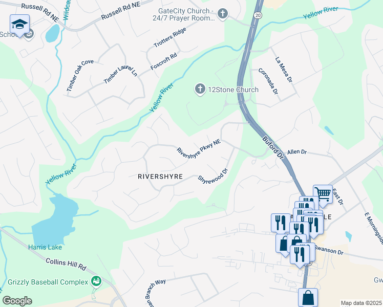 map of restaurants, bars, coffee shops, grocery stores, and more near 1285 Rivershyre Parkway Northeast in Lawrenceville