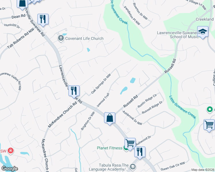 map of restaurants, bars, coffee shops, grocery stores, and more near 471 Inwood Trail in Lawrenceville