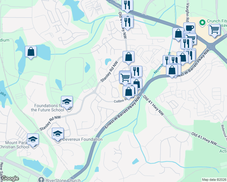 map of restaurants, bars, coffee shops, grocery stores, and more near 1691 Woodsford Road in Kennesaw