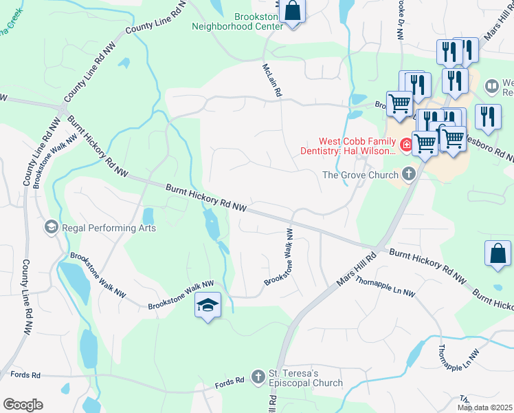 map of restaurants, bars, coffee shops, grocery stores, and more near 5713 Brynwood Circle in Acworth